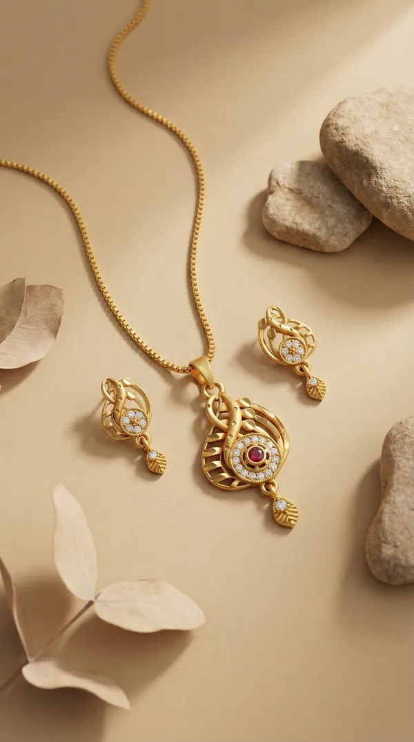 Stylish_Gold_Plated_Swirl_Round_Pendant_Set_For_Women_Cz_Ruby_Stone_Studded_Designer_Chain_Necklace_With_Matching_Drop_Earrings_Party_Festive_Wear_Jewellery