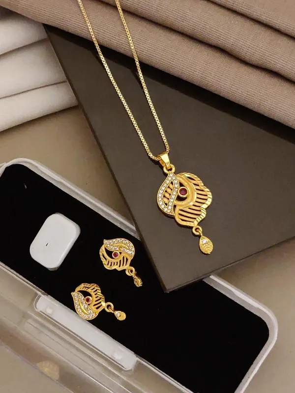 Premium_Gold_Plated_Leaf_Curve_Pendant_Set_For_Women_Cz_Stone_Studded_Fancy_Chain_Necklace_With_Matching_Drop_Earrings_Traditional_Party_Wear_Jewellery
