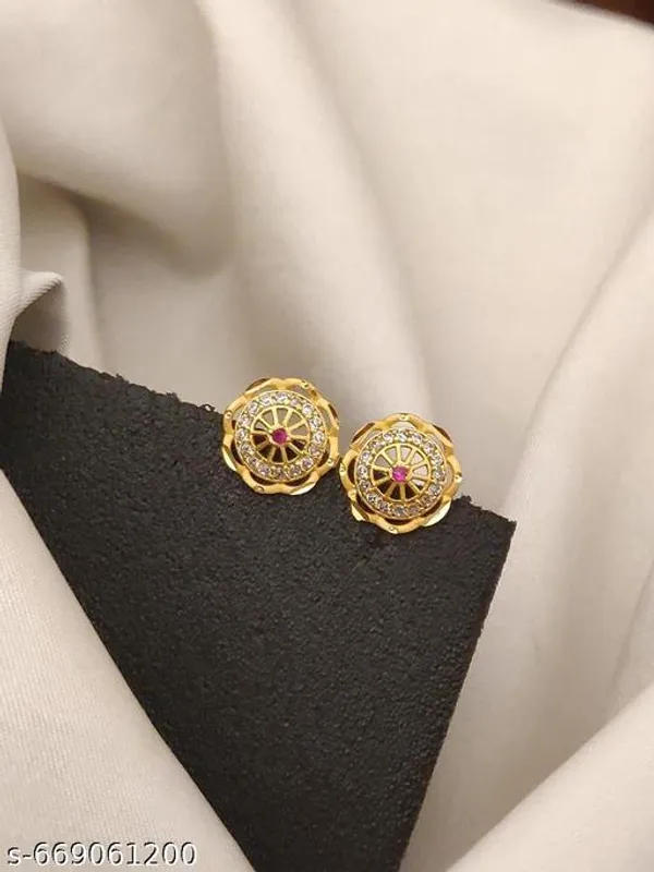 Latest_Gold_Plated_Chakra_Design_Stud_Earrings_Round_Shape_With_Pink_White_Stones_Fancy_Party_Wear_Ear_Tops