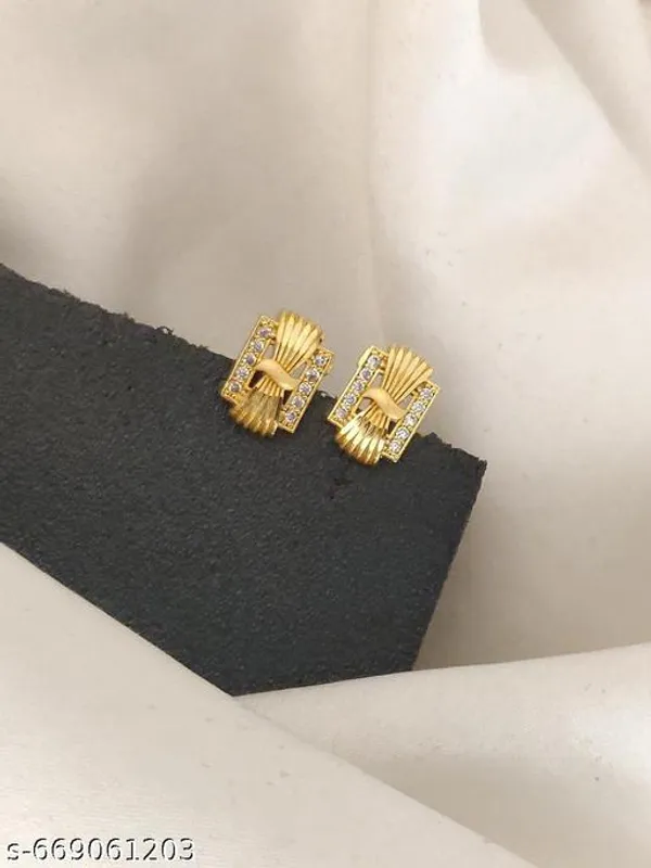 Premium_Gold_Plated_Rectangular_Stud_Earrings_Fancy_Bow_Design_With_Ad_Stones_Modern_Party_Wear_Jewelry_For_Women