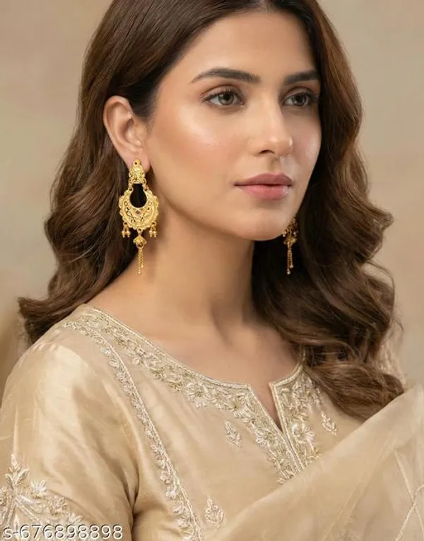 Heavy_Look_Gold_Forming_Kalkati_Chandbali_With_Embossed_Dal_Chhol_Hand_Work_Traditional_Festival_Wear_Golden_Earrings_With_Chain_Hanging