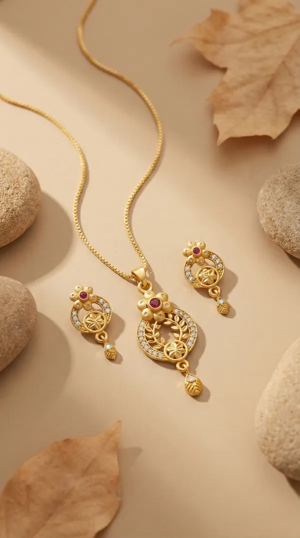 Elegant_Gold_Plated_Floral_Round_Pendant_Set_For_Women_Cz_Ruby_Stone_Studded_Designer_Chain_With_Matching_Drop_Earrings_Wedding_Festive_Wear_Jewellery