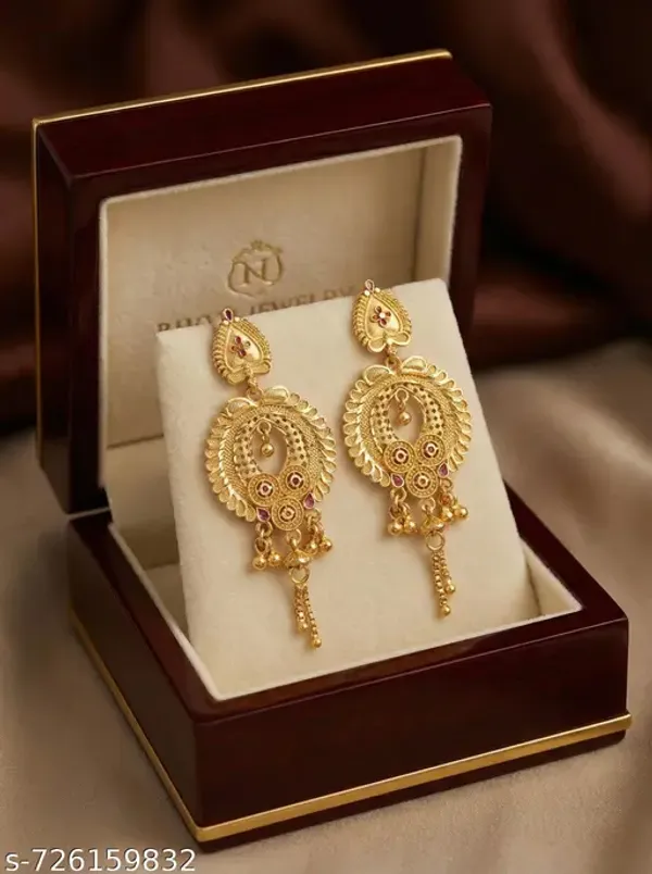 Gold_Plated_Traditional_Drop_Earrings_For_Women_Ethnic_Floral_Design_With_Red_Stone_Festive_Wedding_Wear_Jewellery