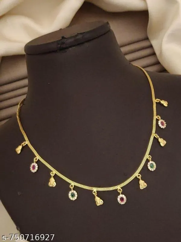 Fancy_Gold_Plated_2_Line_Box_Chain_Necklace_With_Ruby_Green_Crystal_Diamond_Look_Pendant_Micro_Gold_Polish_Daily_Wear_Brass_Necklace_For_Women_Girls