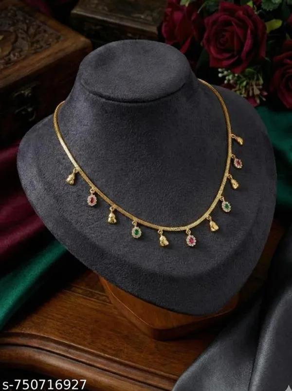 Fancy_Gold_Plated_2_Line_Box_Chain_Necklace_With_Ruby_Green_Crystal_Diamond_Look_Pendant_Micro_Gold_Polish_Daily_Wear_Brass_Necklace_For_Women_Girls
