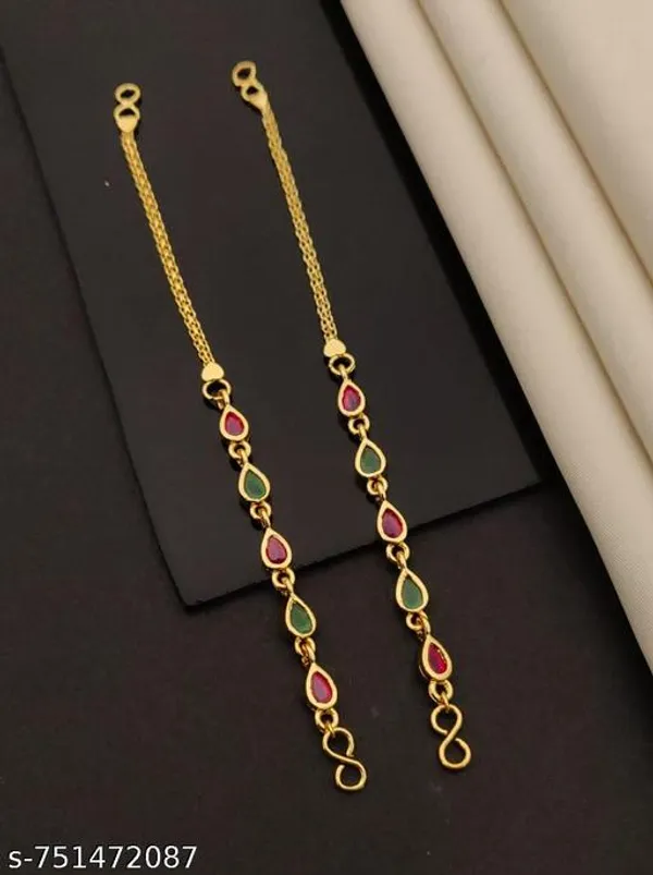 Women_Traditional_Gold_Plated_Multicolor_Teardrop_Stone_Kan_Chain_Double_Chain_Ear_To_Earring_Sahara_Bridal_Festive_Wear_Imitation_Jewellery