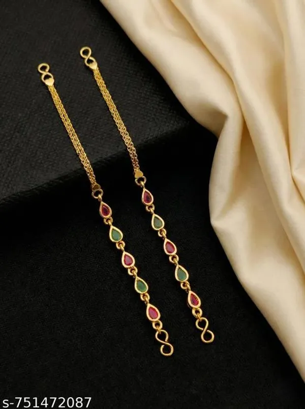 Women_Traditional_Gold_Plated_Multicolor_Teardrop_Stone_Kan_Chain_Double_Chain_Ear_To_Earring_Sahara_Bridal_Festive_Wear_Imitation_Jewellery