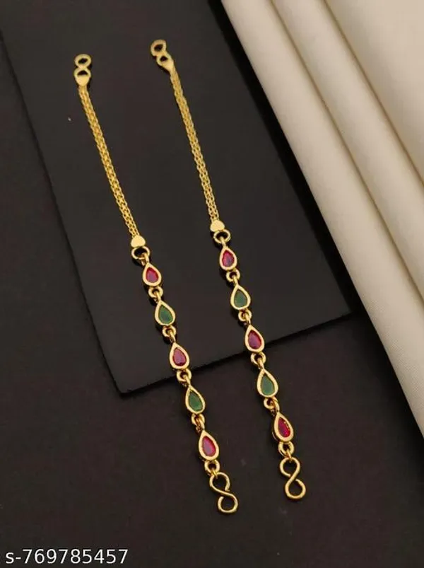 Fancy_Gold_Plated_Multi_Color_Teardrop_Stone_Kan_Chain_For_Women_Adjustable_Traditional_Ear_Chain_Wedding_Festive_Wear_Jewellery