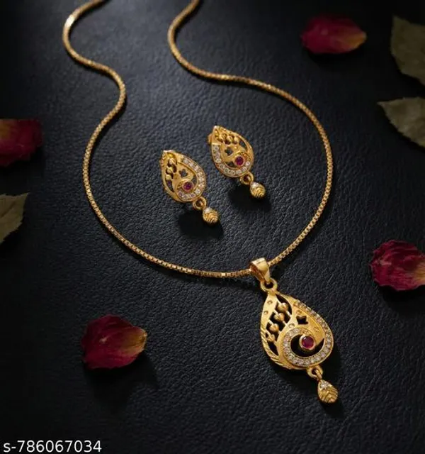 Stylish_Gold_Plated_Heart_Cut_Leaf_Design_Pendant_Set_Cz_Stone_Studded_Chain_With_Matching_Earrings_For_Women_Wedding_Traditional_Wear_Jewellery
