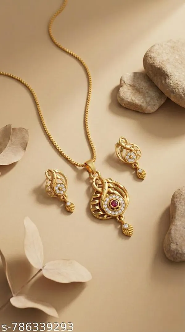 Elegant_Gold_Plated_Floral_Round_Pendant_Set_For_Women_Cz_Ruby_Stone_Studded_Designer_Chain_With_Matching_Drop_Earrings_Wedding_Festive_Wear_Jewellery