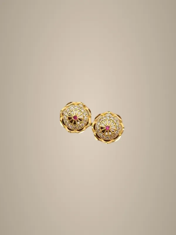 Latest_Gold_Plated_Chakra_Design_Stud_Earrings_Round_Shape_With_Pink_White_Stones_Fancy_Party_Wear_Ear_Tops