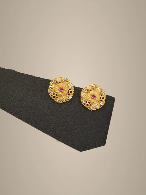 Golden_Floral_Stud_Earrings_with_Pink_Stone_Accent