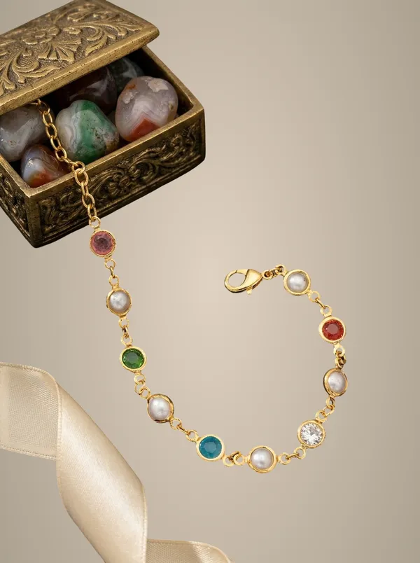 Elegant_Multi-Gemstone_Gold-Tone_Chain_Bracelet_with_Pearl_and_Colored_Stones