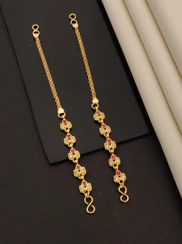 Stylish_Gold_Plated_Cz_Stone_Kan_Chain_For_Women_Pink_White_Stone_Designer_Ear_Chain_Bridal_Party_Wear_Jewellery