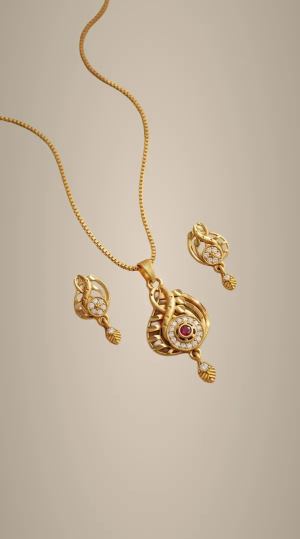 Elegant_Gold_Plated_Floral_Round_Pendant_Set_For_Women_Cz_Ruby_Stone_Studded_Designer_Chain_With_Matching_Drop_Earrings_Wedding_Festive_Wear_Jewellery