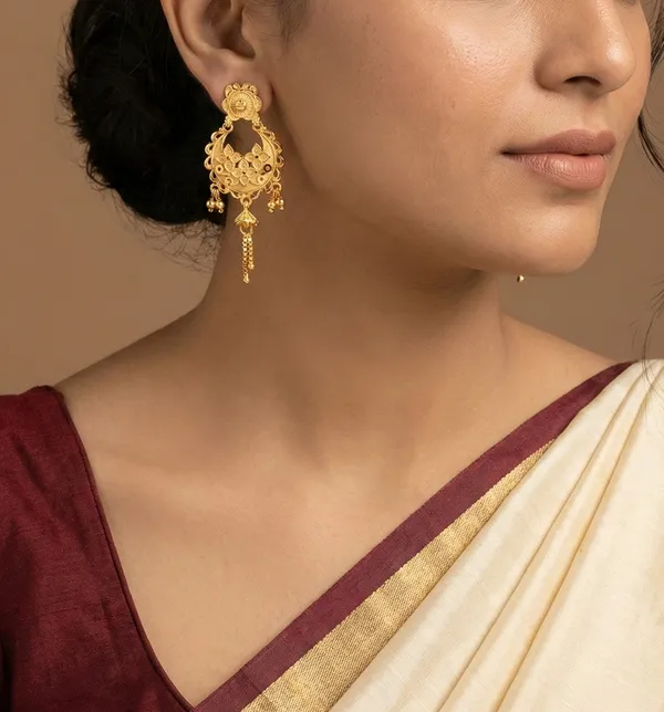 Heavy_Look_Gold_Forming_Kalkati_Chandbali_With_Embossed_Dal_Chhol_Hand_Work_Traditional_Festival_Wear_Golden_Earrings_With_Chain_Hanging
