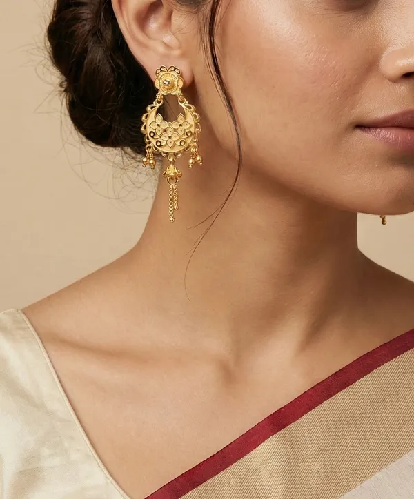 Heavy_Look_Gold_Forming_Kalkati_Chandbali_With_Embossed_Dal_Chhol_Hand_Work_Traditional_Festival_Wear_Golden_Earrings_With_Chain_Hanging