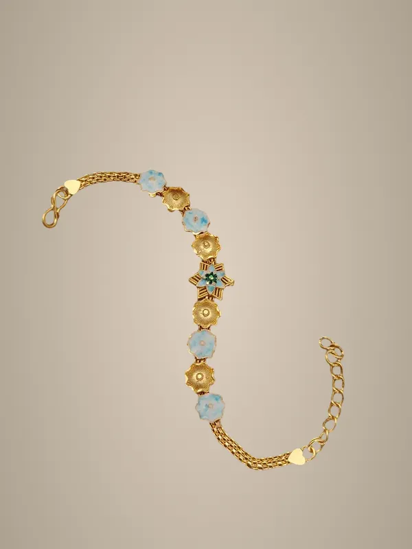 Gold-Tone_Floral_Charm_Bracelet_with_Blue_Enamel_Accents