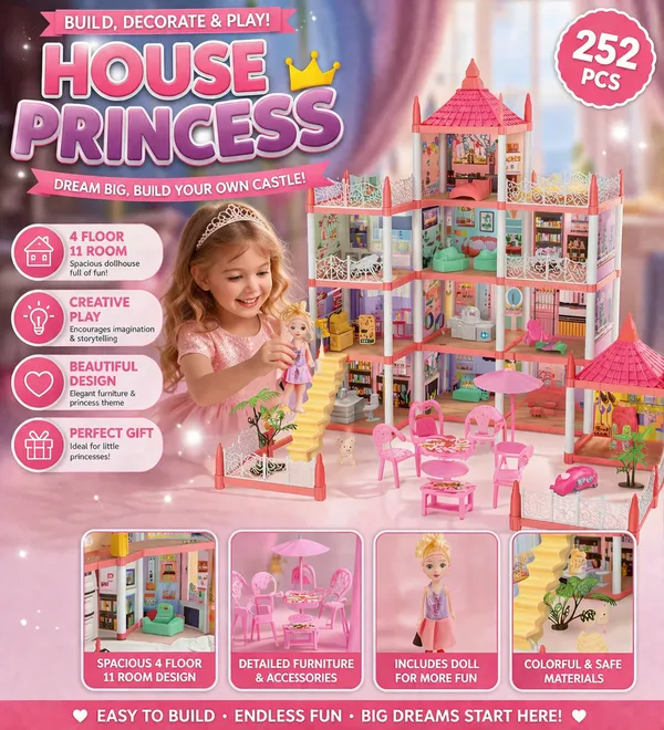 Skaleups_Princess_House_Doll_House_Toy_Set_with_Furniture_|_4_Floor_Dream_Castle_|_Creative_Play_Toy_for_Girls