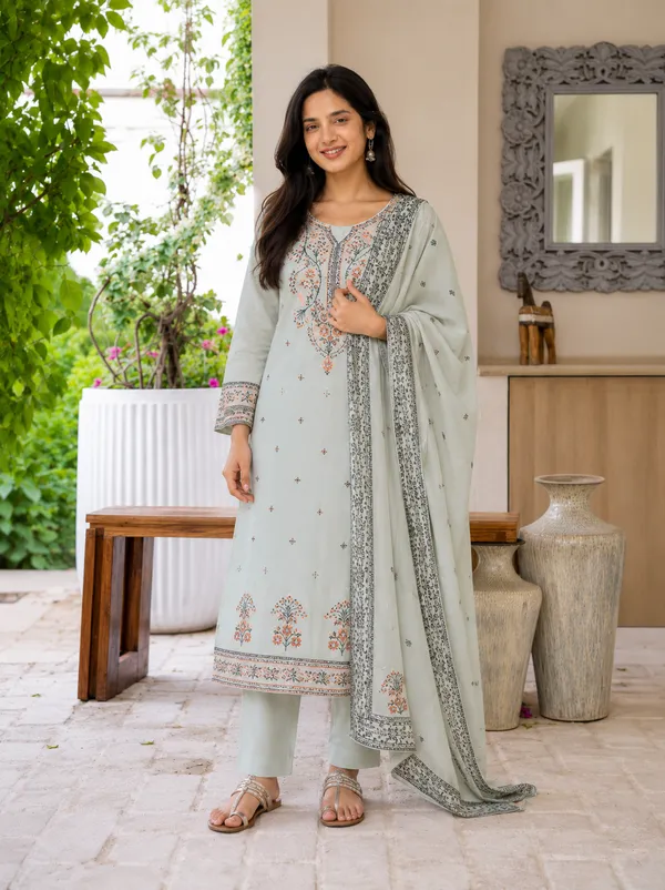 Embellished,_Woven_Kurta,_Trouser/Pant_&_Dupatta_Set