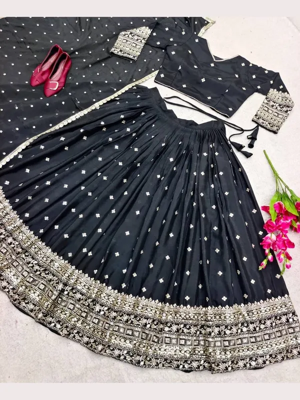 Black_Silk_Embroidered_Lehenga_Choli_Set_With_Dupatta