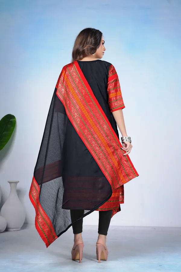 Women_Woven_Design_Silk_Blend_A-line_Kurta_With_Attached_Dupatta_(Black)