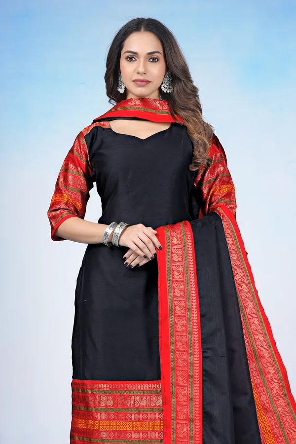 Women_Woven_Design_Silk_Blend_A-line_Kurta_With_Attached_Dupatta_(Black)