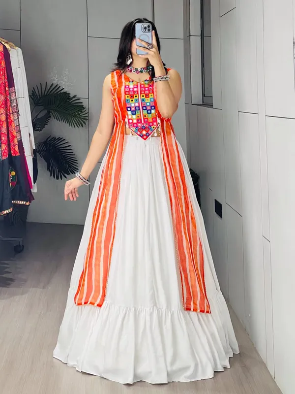 Women's_Orange_Color_Leheriya_Prints_Kurtis_With_Traditional_Lehenga_Set
