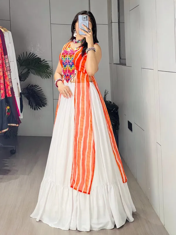Women's_Orange_Color_Leheriya_Prints_Kurtis_With_Traditional_Lehenga_Set