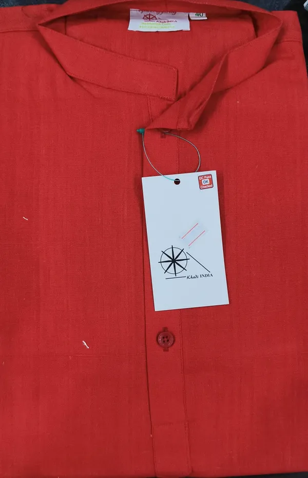 Men'S_Red_Khadi_Cotton_Kurta_With_Mandarin_Collar