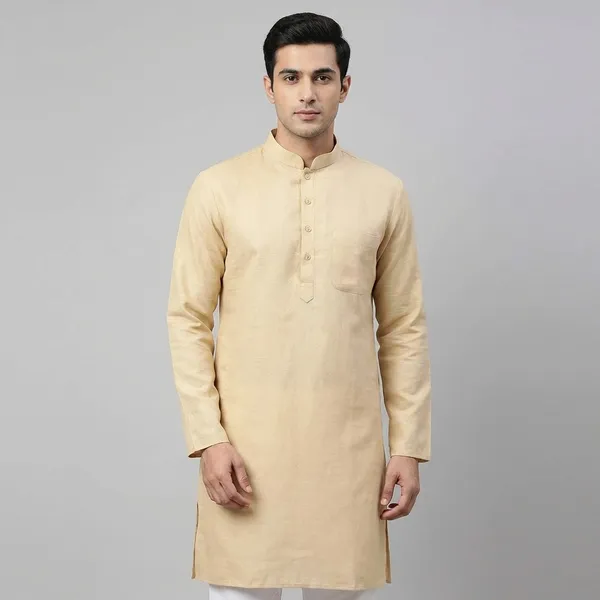 Men'S_Classic_Cream_Kurta_With_Collar_And_Button_Detailing