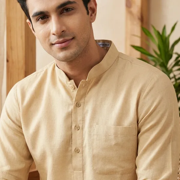 Men'S_Classic_Cream_Kurta_With_Collar_And_Button_Detailing