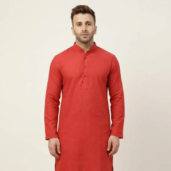Men'S_Red_Khadi_Cotton_Kurta_With_Mandarin_Collar