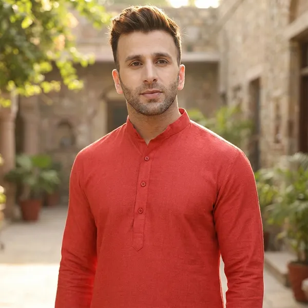 Men'S_Red_Khadi_Cotton_Kurta_With_Mandarin_Collar