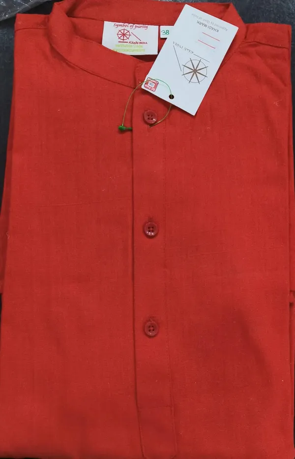Men'S_Red_Khadi_Cotton_Kurta_With_Mandarin_Collar