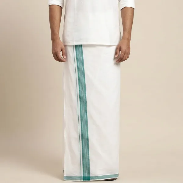 Traditional_White_Cotton_Dhoti_With_Green_Border_Stripes