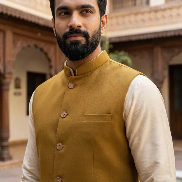 Mustard_Yellow_Nehru_Collar_Jacket_With_Button_Closure