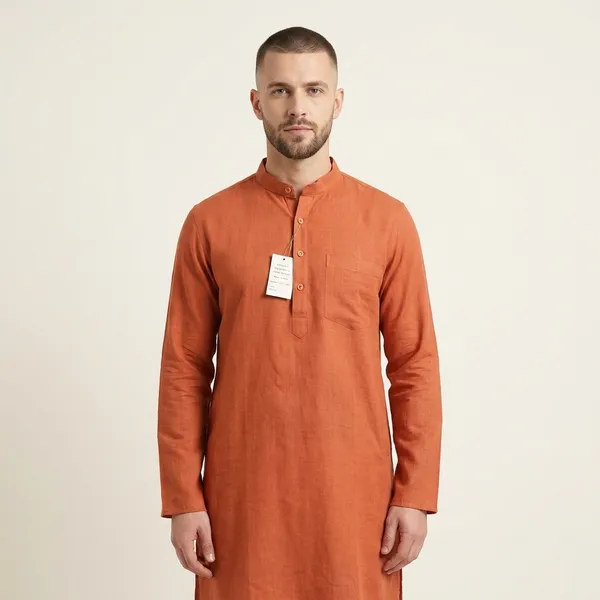 A_Natural_Handwoven_Textured_Orange_Kurta_For_Men