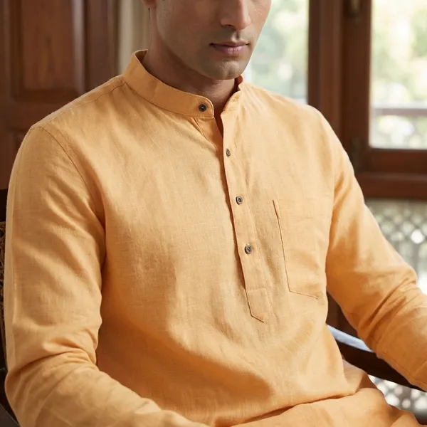 Pasrian_Globe_Men'S_Beige_Mandarin_Collar_Cotton_Kurta_-_Size_L