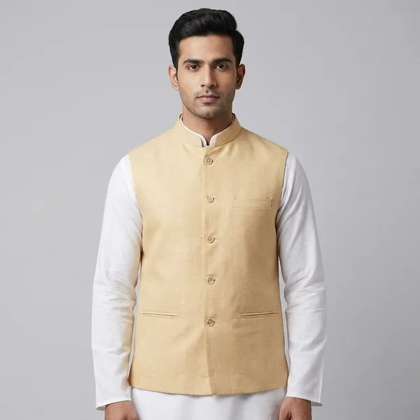 Cream_Silk_Waistcoat_with__Mandarin_Collar_And_Button_Closure_for_Men