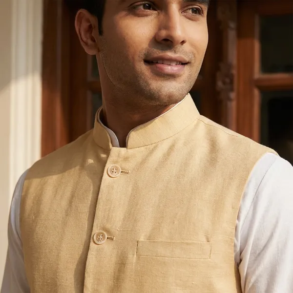 Cream_Silk_Waistcoat_with__Mandarin_Collar_And_Button_Closure_for_Men