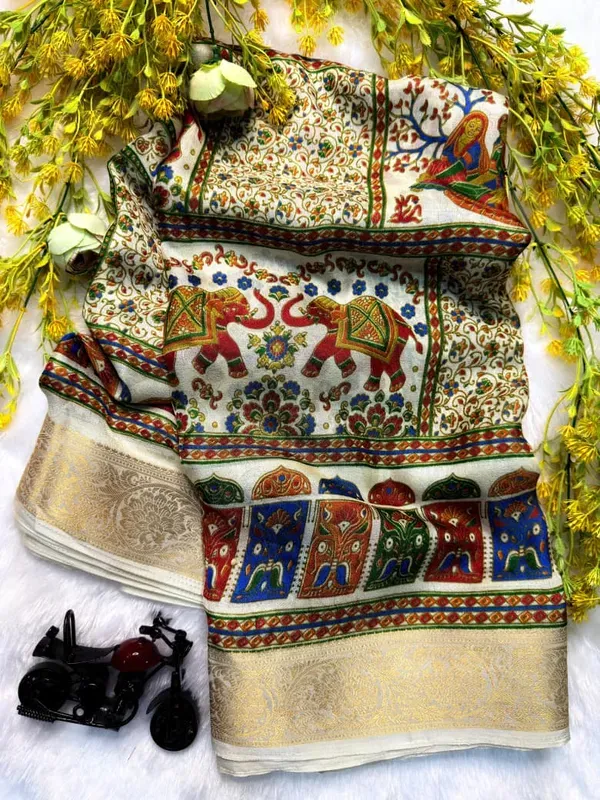 Marshmallow_Blooming_Or_Marsh_Melon_Self_Jacquard_Silk_Ajrakh_Print_Or_Kalamkari__Style_|_With_Blouse_Piece