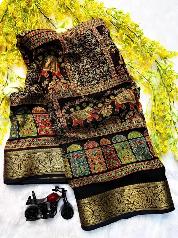 Marshmallow_Blooming_Or_Marsh_Melon_Self_Jacquard_Silk_Ajrakh_Print_Or_Kalamkari__Style_|_With_Blouse_Piece
