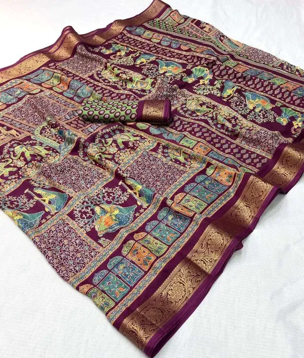 Marshmallow_Blooming_Or_Marsh_Melon_Self_Jacquard_Silk_Ajrakh_Print_Or_Kalamkari__Style_|_With_Blouse_Piece