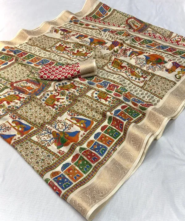 Marshmallow_Blooming_Or_Marsh_Melon_Self_Jacquard_Silk_Ajrakh_Print_Or_Kalamkari__Style_|_With_Blouse_Piece