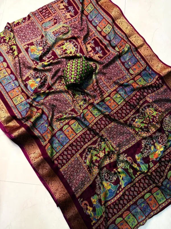 Marshmallow_Blooming_Or_Marsh_Melon_Self_Jacquard_Silk_Ajrakh_Print_Or_Kalamkari__Style_|_With_Blouse_Piece