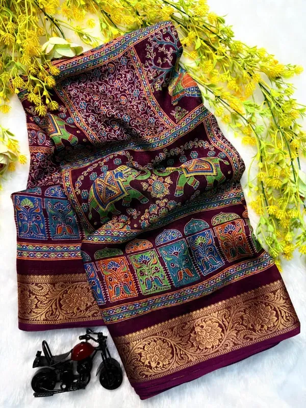 Marshmallow_Blooming_Or_Marsh_Melon_Self_Jacquard_Silk_Ajrakh_Print_Or_Kalamkari__Style_|_With_Blouse_Piece