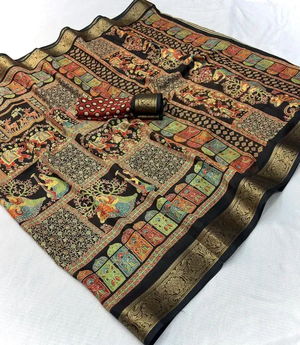 Marshmallow_Blooming_Or_Marsh_Melon_Self_Jacquard_Silk_Ajrakh_Print_Or_Kalamkari__Style_|_With_Blouse_Piece