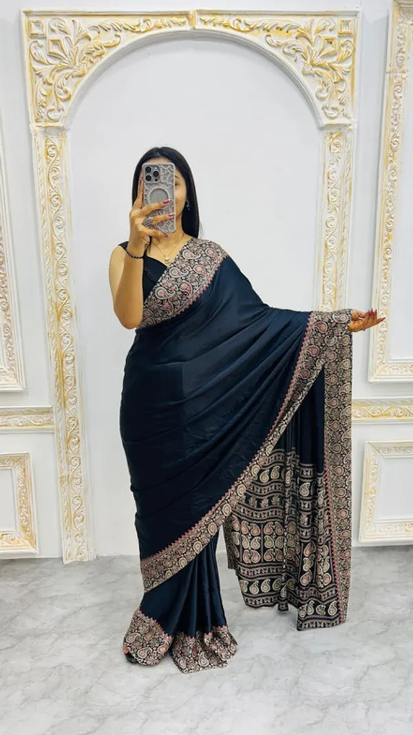 New_Black_Ajrakh_Modal_Silk_Saree__|_With_Blouse_Piece