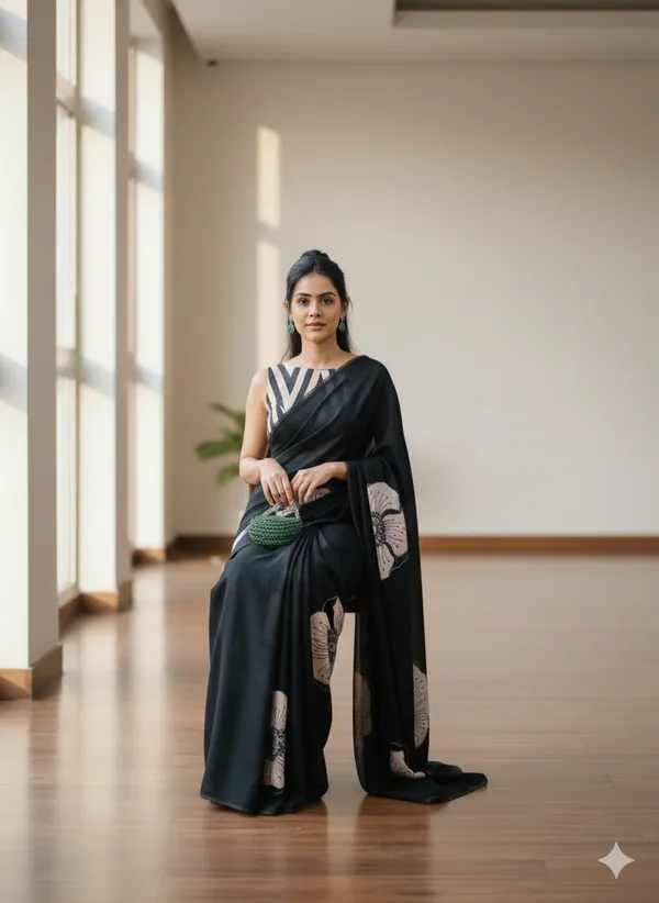 New_Black_Ajrakh_Modal_Silk_Saree__|_With_Blouse_Piece